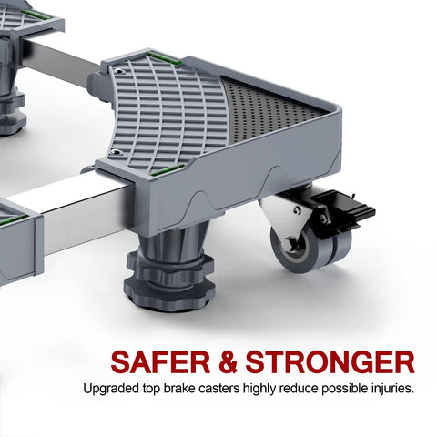 Close-up of Beefy Adjustable Mobile Base showing sturdy feet and locking wheel, ideal for fridges and heavy appliances, in gray.