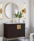 Bathroom with black sleek modern vanity, 20in black metal frame, clear glass fixtures, up and down wall lights near mirror, bulb not included.