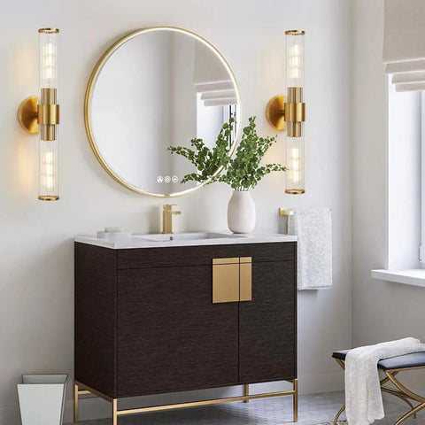 Bathroom with black sleek modern vanity, 20in black metal frame, clear glass fixtures, up and down wall lights near mirror, bulb not included.