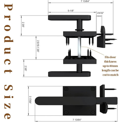 Rock Solid Heavy Duty Double Sided Gate Latch With Handles Black Aluminum Fence Lock For Backyard And Garden Wood Gates Rust Proof Surface Mount Hardware Built Tough For Inswing Fencing Gear dimensions with measurements for easy installation.