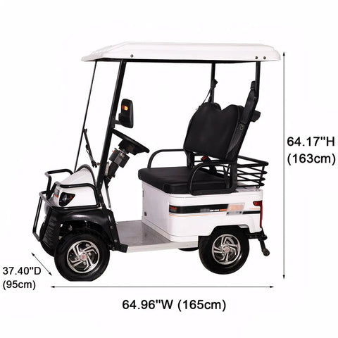 2 Person Electric Golf Cart Adult Work Vehicle With Storage Box 800W 60V Motor For Hunting Beach Farm Hotel 12Mph Max Speed side view with dimensions