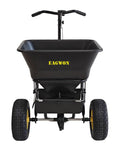 Front view of Pro Grade Walk Behind Broadcast Spreader for all season lawn care, featuring 100lb hopper and 13-inch pneumatic tires.