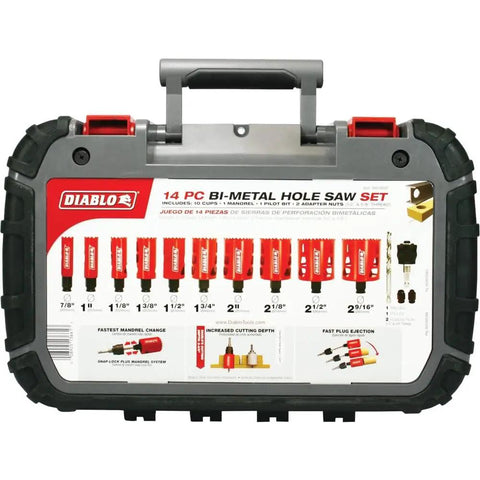 Carrying case of Bi-Metal Hole Saw Set With Snap-Lock Plus System For Beefy Deep Cuts, 2-3/8 Inch Cutting Depth, 40 Percent Deeper Holes.