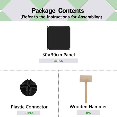 Package contents for Nine Cube Storage Shelf, including 33 black panels, 32 plastic connectors, and 1 wooden hammer for assembly.