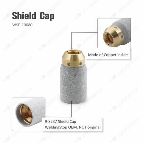 Pro Grade Drag Shield Replacement Kit For Plasma Cutters 70 To 100 Amp Fits 52 82 102 152 Cutter SL60 SL100 Torch Shop Ready Shield Upgrades And Replacement Includes Five 9 8236 Shields And One 9 8237 Cap, 9-8237 shield cap close-up, copper inside