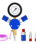 Workhorse 3 Way Air Manifold With 200 Psi Gauge, Aluminum Quick Connect Air Splitter, shown with blue couplers and fittings