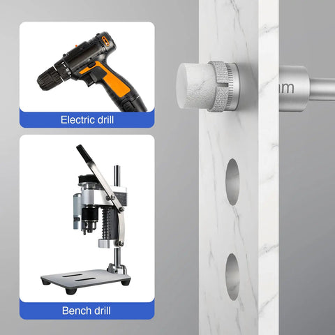 Diamond Drill Bits Hole Saw Kit for Glass and Ceramic Tiles used with electric and bench drills on marble surface