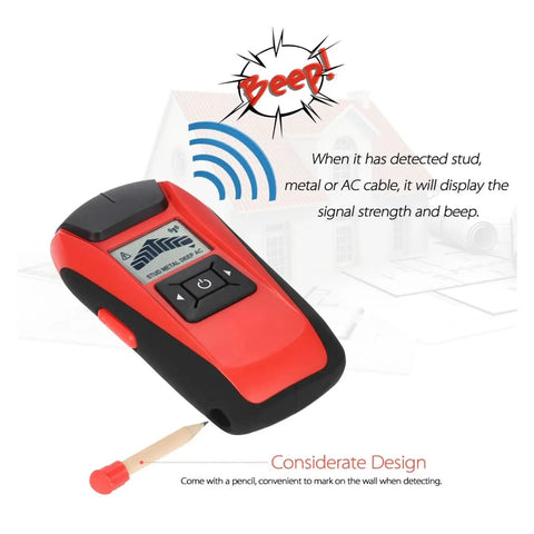 Handheld Stud Finder Wall Detector With Lcd Screen showing signal display and detection mode buttons for quick reads.