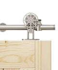 Close-up of Stainless Steel Sliding Barn Door Hardware Kit for 10 Foot Double Track Set Satin Finish on wooden door