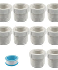 Top Shelf 10 Piece 3/4 Inch Male To 1/2 Inch Female Thread Reducer Bushing PVC Pipe Adapter Connector set with white bushings.