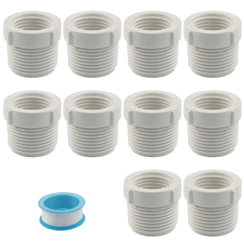 Top Shelf 10 Piece 3/4 Inch Male To 1/2 Inch Female Thread Reducer Bushing PVC Pipe Adapter Connector set with white bushings.