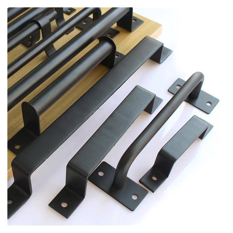 Rustic Barn Door Handle Set Black Carbon Steel Heavy Duty Sliding Pull Knob Hardware For Wood Doors And Gates, Vintage Style Barn Gate Pulls, Built To Last Iron Construction, Easy Install, black iron handles on wood board