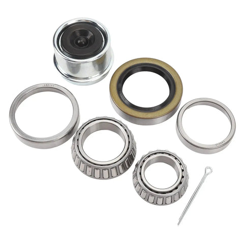 Seven Piece Boat Trailer Wheel Hub Bearing Kit For 3500 Lb Axles With 1.98 Inch Dust Cover And Grease Seal Fits 1 1/16 To 1 3/8 Inch Spindles 84 Spindle Durable Steel Bolt On Easy Install displayed