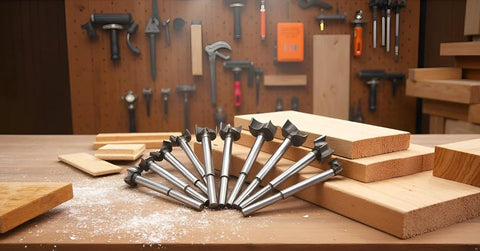 Meichoon 16-piece Forstner drill bit set, 15–35 mm, carbide steel bits, fanned on a wooden workbench.
