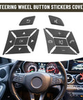 Steering Wheel Button Sticker Cover Replacement For Mercedes Benz M Class G Class A B C E Class Interior Trim Decoration And Button Panel Makeover Easy Install With No Changes To Vehicle Electronics, showing 12-piece set and installed view