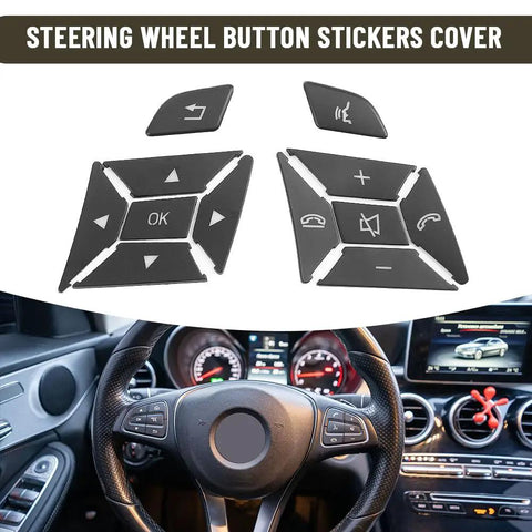 Steering Wheel Button Sticker Cover Replacement For Mercedes Benz M Class G Class A B C E Class Interior Trim Decoration And Button Panel Makeover Easy Install With No Changes To Vehicle Electronics, showing 12-piece set and installed view