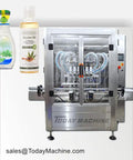 Automatic Dual Nozzle Liquid Filling Machine For Soap Detergent And Water Top Tier Setup with bottles of soap and castor oil.