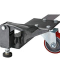 Close-up of the Beefy Heavy Duty Industrial Mobile Base With Adjustable Size From 19 By 21 Inches To 29 Point 5 By 29 Point 5 Inches 1200 Pound Capacity with rubber caster wheels and leveling feet.