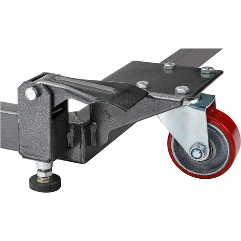 Close-up of the Beefy Heavy Duty Industrial Mobile Base With Adjustable Size From 19 By 21 Inches To 29 Point 5 By 29 Point 5 Inches 1200 Pound Capacity with rubber caster wheels and leveling feet.