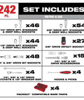 Set includes detailed list of components for 242 Piece Tough As Nails Ratchet And Socket Set Featuring Heavy Duty Chrome and Impact Bits.