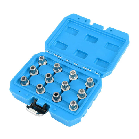 12 Piece Car Spline Bit Set Master Kit With 17mm Wheel Nut Socket For Easy Wheel Nut Removal, Open Blue Case Display