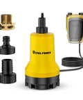 Yellow cordless submersible water transfer pump with 17 GPM flow, brass and plastic connectors, compatible with Dewalt 20V battery.