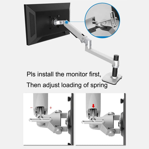 Premium Aluminum Wall Mount Monitor Arm With Ultra Smooth Mechanical Springs For 17 To 27 Inch Lcd Led Monitors showing spring adjustment instructions and monitor mounting.
