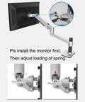 Badass Aluminum Monitor Wall Mount With Mechanical Spring Arm For 17 To 27 Inch Screens showing installation instructions and adjustment features.