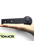 Mini Black Rustic Non Bypass Sliding Barn Door Hardware Kit For Two Doors 36 Inch Flat Track With Straight Rollers shown in hand