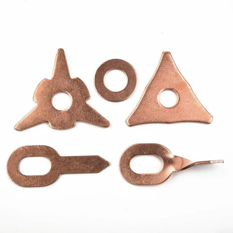 Copper Plated Welding Washer Pads Set For Auto Sheet Metal, 50 Mixed Pads In Triangular And Star Shapes, displayed on white backdrop