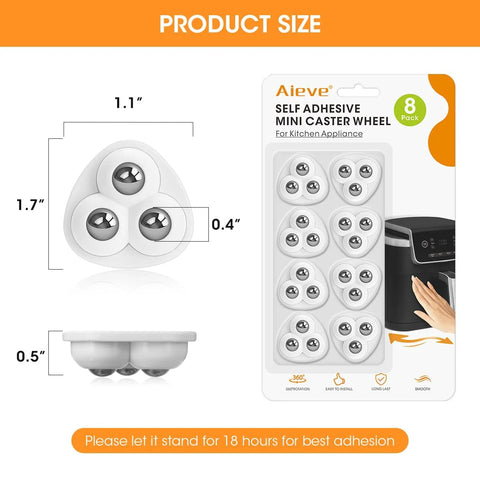 Self Adhesive Caster Wheels 8 Pack Small Furniture Sliders And Appliance Rollers with packaging, size guide shown