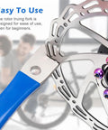 Close-up of Rotor Truing Fork Tool For Bike Disc Alignment And Rotor Straightening No Fuss Blue Bicycle Disc Rotor Alignment Tool.