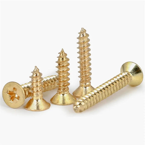 Boss Grade Pro Brass Countersunk Flat Head Phillips Self-Tapping Wood Screws M5x16, 10 Pack in a pile detail view.