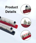 Double Row 150 Amp Bus Bar Power Distribution Block 12 To 48 Volt with nylon housing and stainless steel terminals details.