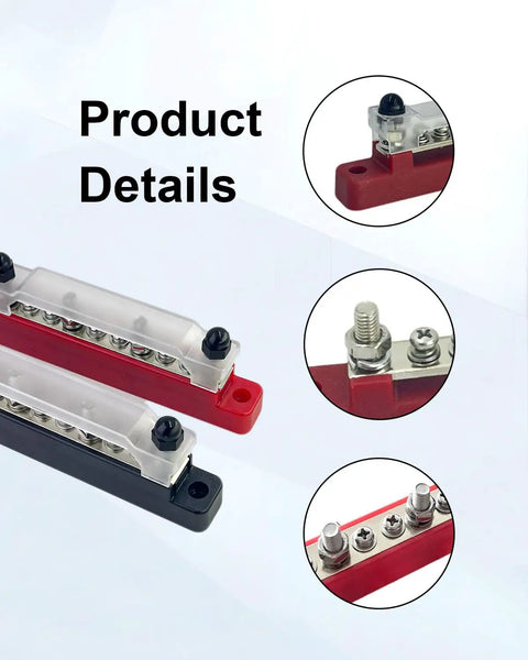 Double Row 150 Amp Bus Bar Power Distribution Block 12 To 48 Volt with nylon housing and stainless steel terminals details.