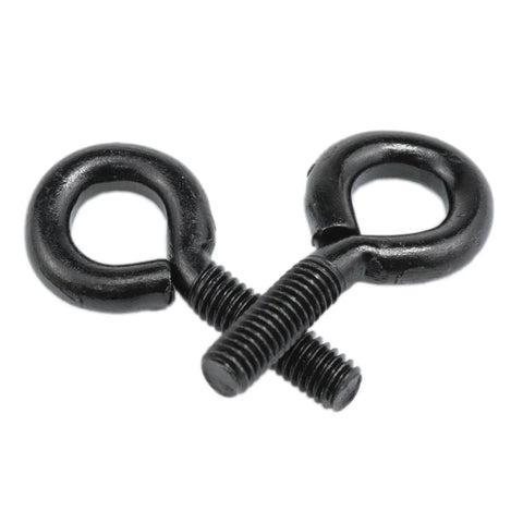 Beefy Black Carbon Steel Eye Bolts With Nuts And Washers 1 Quarter By 3 Quarter Inch Lifting Ring Hooks For Fence, Threaded Machinery, Front View