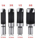 Top Shelf 8 Piece Wood Plug Cutter And Tapered Drill Bit Set Built Tough From Carbon Steel With Slick Titanium Coating For Serious Garage Builds And Quick Countersunk Plug Fixes You Will Love, showing assorted drill bit sizes 1/4 to 5/8.