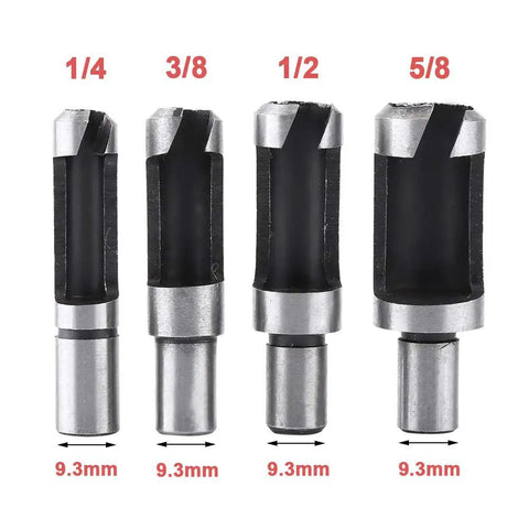 Top Shelf 8 Piece Wood Plug Cutter And Tapered Drill Bit Set Built Tough From Carbon Steel With Slick Titanium Coating For Serious Garage Builds And Quick Countersunk Plug Fixes You Will Love, showing assorted drill bit sizes 1/4 to 5/8.