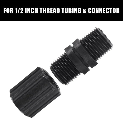 10 Pack 1/2 Inch MPT Double Male Pipe Risers For Garden And Lawn Irrigation, black plastic rust resistant adapters shown.