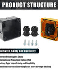 Emergency Stop Push Button Switch 1NC 10A 660V With IP65 Waterproof Box And PG13.5 Black Connectors, screws, and assembly view.