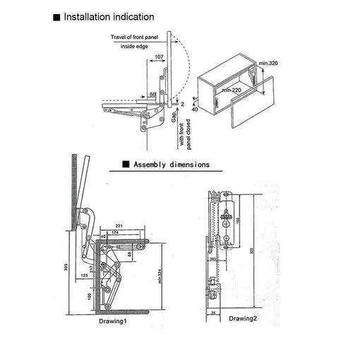 Technical diagram of Vertical Lift Cabinet Door Hinge With Pneumatic Flap Up Support For Overhead Cabinets with measurements.