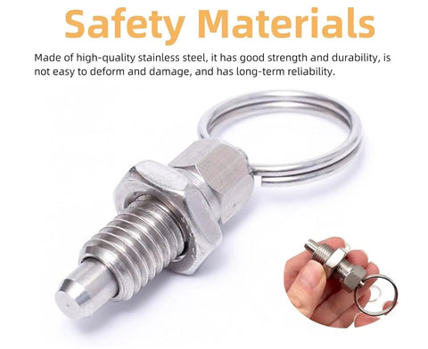 Four Heavy Duty Pull Ring Indexing Plungers With Retractable Quick Release Pins Crafted From Stainless Steel Giving You Spring Loaded Telescopic Action And Rock Solid Workbench Grip M16 Thread close-up of stainless steel indexing plunger with pull ring