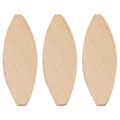 Three biscuits from 100 Piece Wood Biscuits Kit For DIY Woodworking Joinery Beech Dowel Pins For Tenoning And Splicing Boards After Tenoning Machine Pro Grade Glue Bond, Durable Solid Wood Construction, Low Shrinkage.