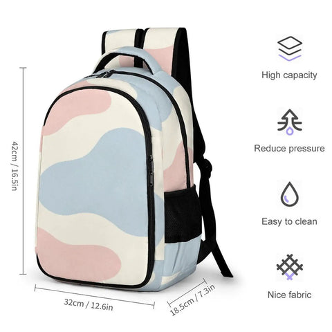 Two-Tone Abstract Print Backpack For Everyone, Large Capacity Unisex Daypack, shown with dimensions and features focus