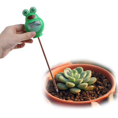 Hand using Soil Moisture Tester Kit For Plants And Lawns, Indoor Outdoor Humidity Meter in green frog shape on potted succulent