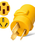 Nema 10 To 14 Power Adapter 50 Amp Plug Converter For Dryers Welders Generators And Rvs showing yellow 50 Amp plug with three prongs.
