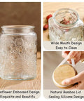 Vintage Glass Jar With Lid 23.7oz Airtight Food Storage; sunflower embossed design, bamboo lid sealing silicone, wide mouth
