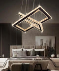 Two Ring Crystal Chandelier LED Ceiling Light In Stainless Steel, warm white glow above modern bedroom setting