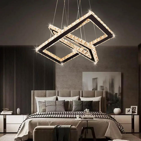 Two Ring Crystal Chandelier LED Ceiling Light In Stainless Steel, warm white glow above modern bedroom setting