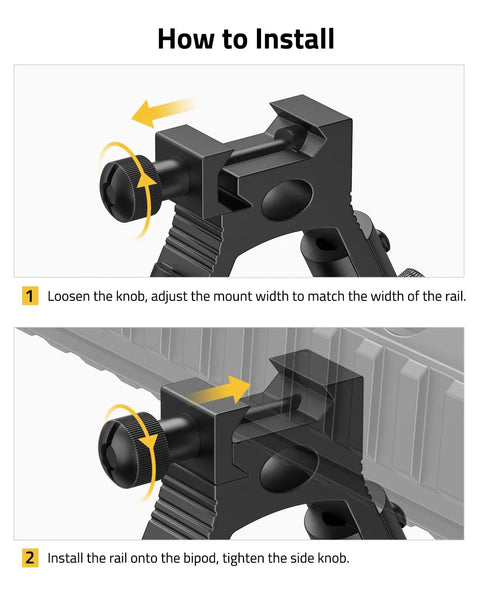 Installation guide for Three In One Rifle Bipod With Picatinny Rail Mount Swivel Stud And Barrel Clamp Adapters, focus on knob adjustment
